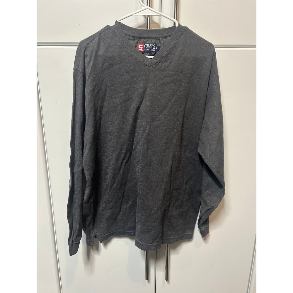 Chaps Ralph Lauren Mens Large V-Neck Pullover Knit Top Charcoal Gray Long Sleeve